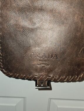 Prada Brown Distressed Leather & Nylon Messenger Bag with Whipstitch Trim